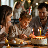 Fototapeta  - Niño sentado al final de una mesa apagando las velas del pastel rodeada de su familia celebrando su cumpleaños