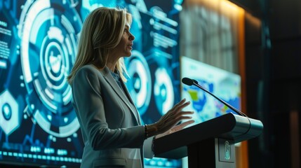 A female executive delivering a keynote speech at a podium, with a large digital screen displaying graphics behind her.