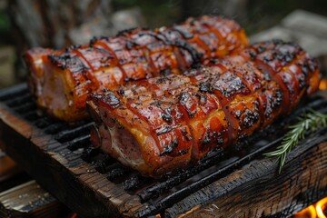 Wall Mural - A sumptuous close-up of delicious pork loins with grill marks, roasting over an open fire, exuding mouthwatering smokiness and juiciness