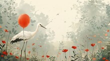 Hand Drawn Cute Stork Bird Carrying A Baby Girl For A Birthday Stock Illustration Set.