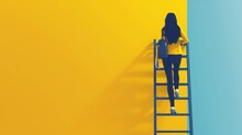 A Businesswoman Climbing A Ladder Where Each Rung Is Named With A Different Leadership Quality, Illustrating Personal And Career Development.
