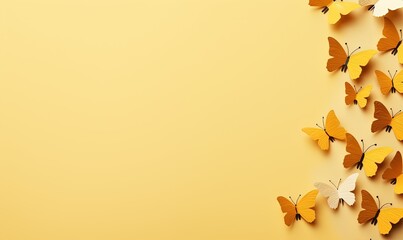 Wall Mural - Yellow paper butterflies on light brown background, top view. Space for text