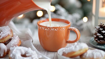 Sticker - Festive meal idea Pouring milk from a pitcher into a bright orange cup perfect for enjoying with homemade donuts