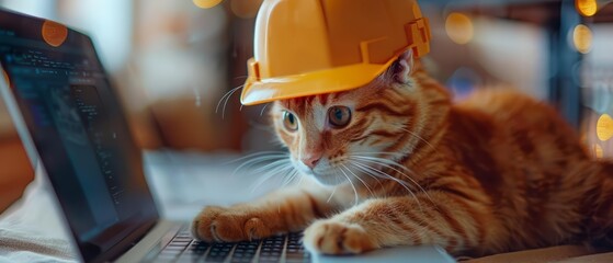 The curious cat with a hard hat perched on its head carefully examines the digital design on the laptop screen