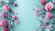 fondo liso azul cielo con flores rosas y tonos pastel a los lados con espacio para copiar diseño e invitación digital diseño con flores hiper realistas en tercera dimensión