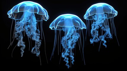 Wall Mural - glowing blue jellyfish on black background