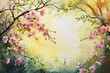 spring blossom twigs framing warm sunlit meadow watercolor painting