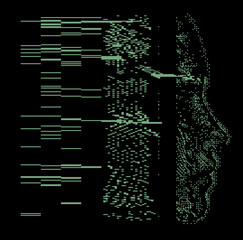 Poster - Glitchy pixelated green human face silhouette on dark background. Conceptual vector illustration of identity in the age of technology. 