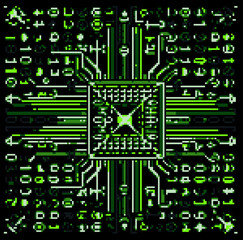 Poster - Pixel image of an abstract computer scheme and circuit. Vector illustration in 8-bit retrofuturistic style.