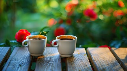 Wall Mural - two cups of coffee on a wooden table on a background of nature. Selective focus