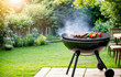 Barbecue grill with assorted grilled meat on a blurred summer garden background.Generative AI