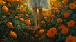 The woman in a flowing dress stands amidst a vibrant field of blooming orange daisies in a serene natural landscape
