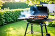Barbecue grill with assorted grilled meat on a blurred summer garden background.Generative AI