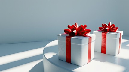 two white gift boxes adorned with vibrant red ribbon bows, one small and one large, elegantly isolated on a soft light background in a front-facing view.