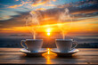Steamy Affection Coffee Cups Create Heart Against Sunrise