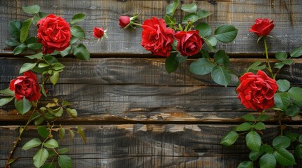 Wall Mural - Red roses beautifully displayed against a rustic wooden backdrop
