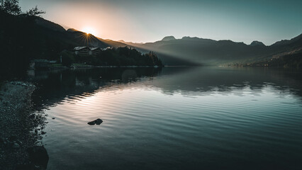 Wall Mural - Sunrise at Grundlsee, Serene Lake Reflection with Austrian Alps