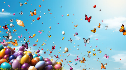 Vector image for the day of Easter. Easter eggs, eggs are falling from the sky. Multi-colored eggs, holiday