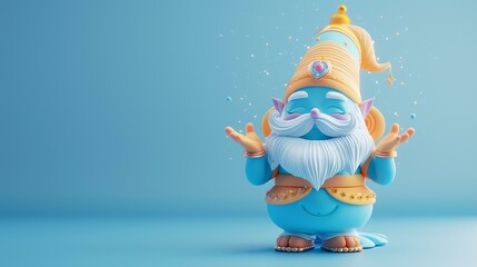 Wall Mural - 3D rendering of a cute cartoon genie with a long white beard and blue skin. The genie is wearing a golden turban and a blue vest.