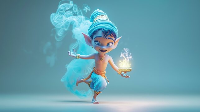 Little blue genie boy with a big smile on his face. He is wearing a blue turban and a white shirt.