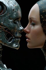 Canvas Print - A close up of a woman and robot face to face, AI