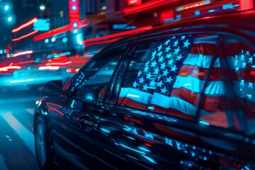 Car with a large American flag on the back. Generative AI.