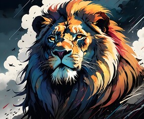 Wall Mural - A majestic lion posing as the lionking with its hairy face in an artistic background...