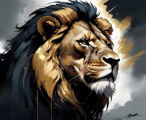 Wall Mural - A majestic lion posing as the lionking with its hairy face in an artistic background...