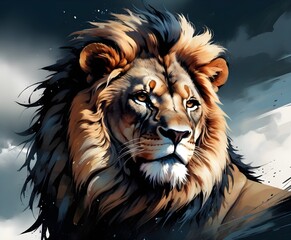 Wall Mural - A majestic lion posing as the lionking with its hairy face in an artistic background...