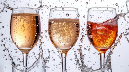 Isolated white champagne glasses with splashes