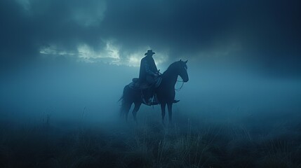 a man riding a horse in the foggy misty night, ai