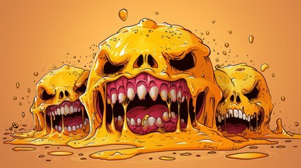 Wall Mural - Three cartoon skulls with yellow liquid dripping from their mouths, AI
