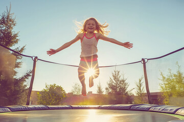 Little girl jumping on a trampoline outdoors on a sunny summer day. Sports and outdoor activities for children