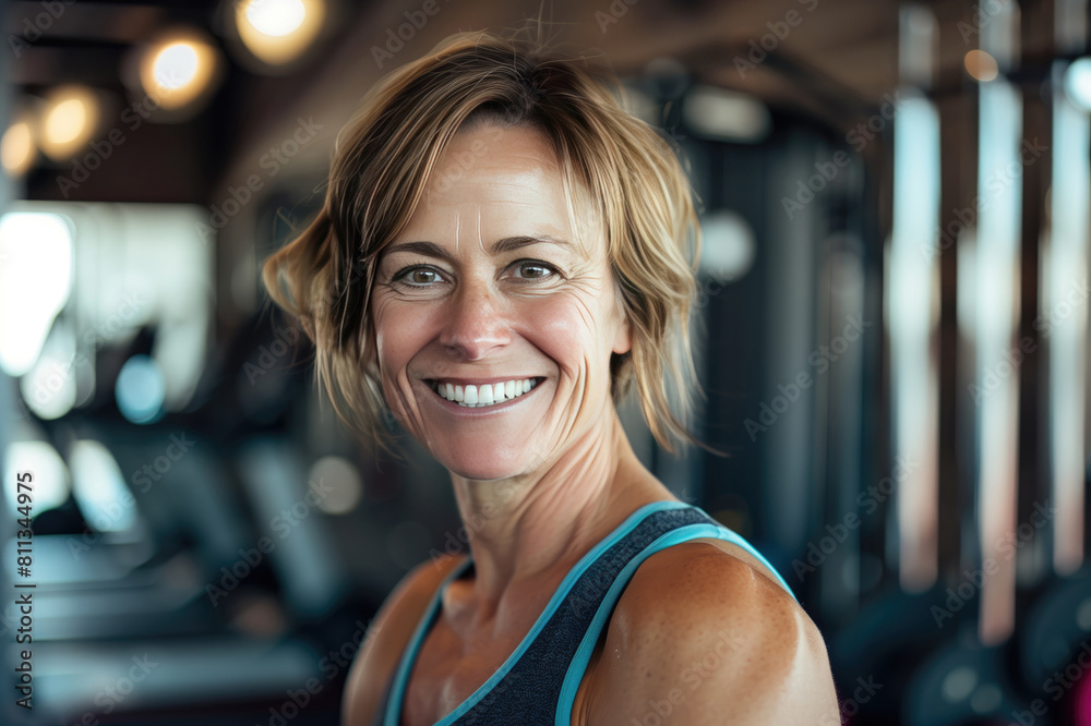 Smiling mature woman in gym. Middle aged woman in fitness center. Stock ...