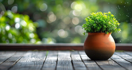 terracotta pot with lush green shrubbery on wooden table outdoors with bokeh background