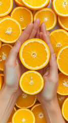 Wall Mural - A hand holding an orange with a slice missing