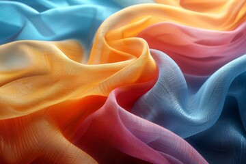 Poster - Close-up of vibrant, wavy fabric with gradient transitioning from orange to blue for a concept of fluidity and texture