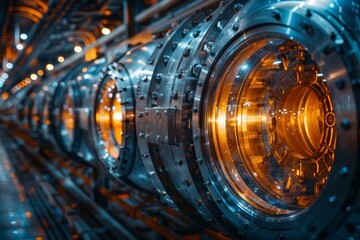 Poster - An intricate piece of industrial machinery bathed in golden light represents advanced technology and progress