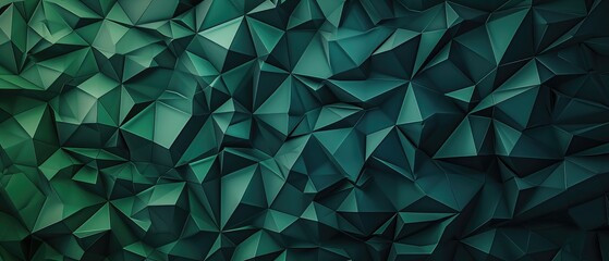 Poster - Green polygons transitioning to blue on a dark gray background. Abstract background or screensaver for a 34-inch widescreen monitor. AI generative.