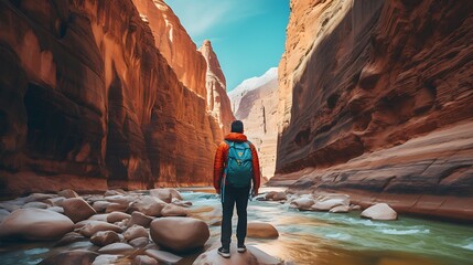 Wall Mural -  traveler marveling at the grandeur of a rocky canyon, with vivid colors and a sense of awe and wonder