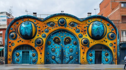 Wall Mural - A building with a large blue and yellow painted door, AI