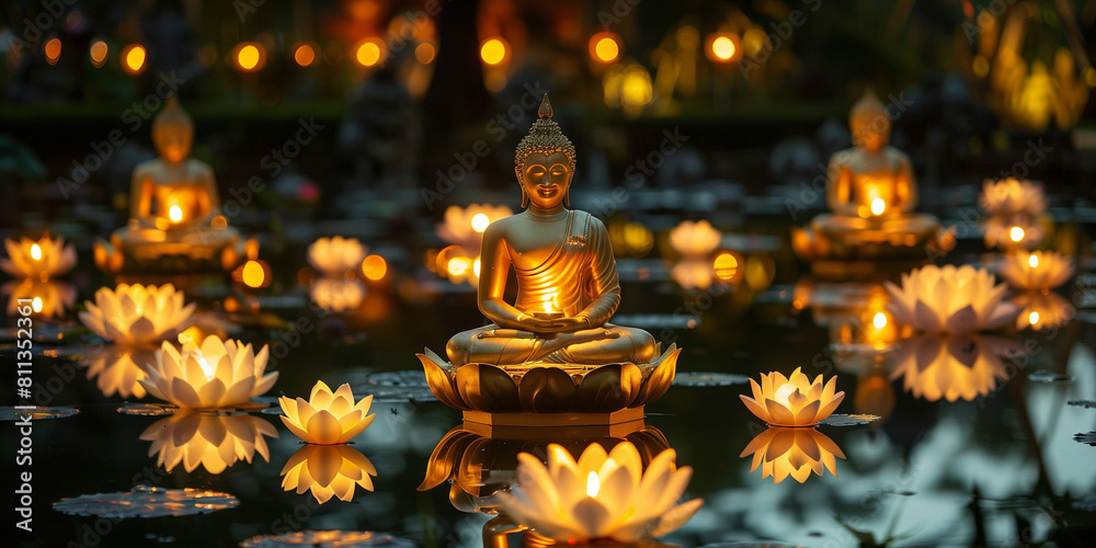 Enchanting scene of a Buddha statue surrounded by glowing lotus lights ...