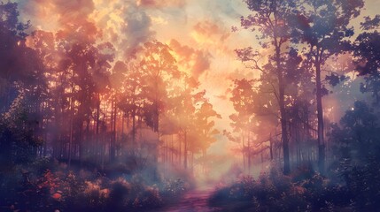 Wall Mural - Optimistic quote on softly textured pastel sunset forest, 8K realism