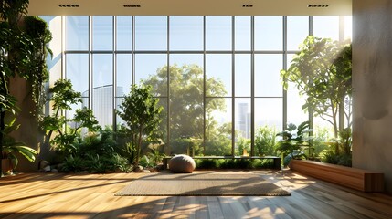 Wall Mural - Sustainable architecture featuring floor-to-ceiling windows with natural light illuminating indoor greenery