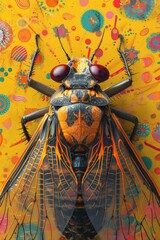 Sticker - A large insect with red eyes and black wings on a colorful background, AI