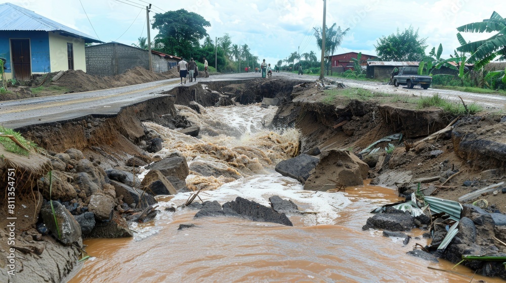 Destroyed Rural Road A rural road has been heavily damaged by severe flooding, with large ...