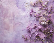 Lilac flowers on grunge background. Flat lay, top view