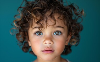 Wall Mural - A young child with brown hair and blue eyes. The child has a cute and innocent expression on their face