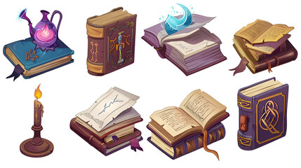 Old open magic book for fantasy game ui icon cartoon. Halloween wizard library set with ancient fairytale or grimoire assets drawing. Medieval school dictionary or myth literature for education