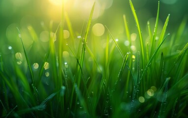 Wall Mural - A lush green field with dew drops on the grass. The grass is wet and the sun is shining on it